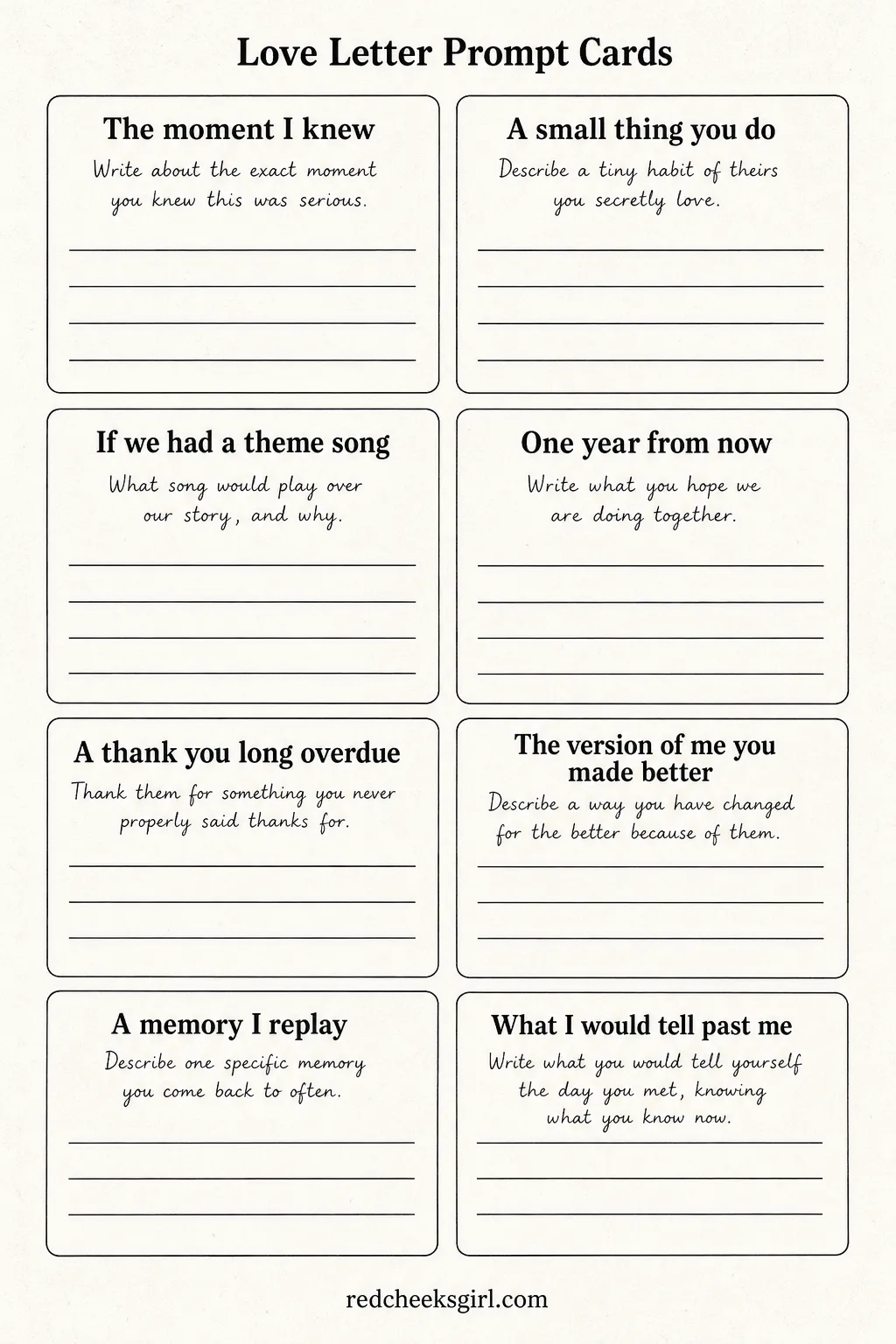 Love Letter Prompt Cards printable sheet — Each of you picks two or three cards, writes a short answer on the lines underneath the prompt, then takes turns
