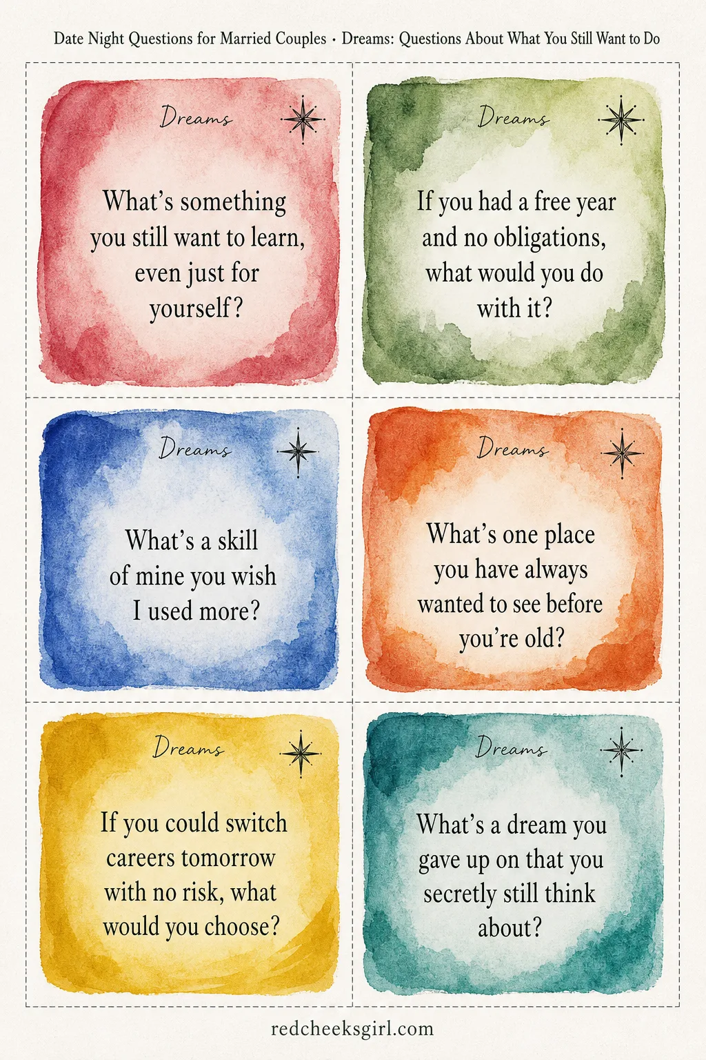 Dreams Cards (Sheet 1) printable sheet. Date night questions for married couples