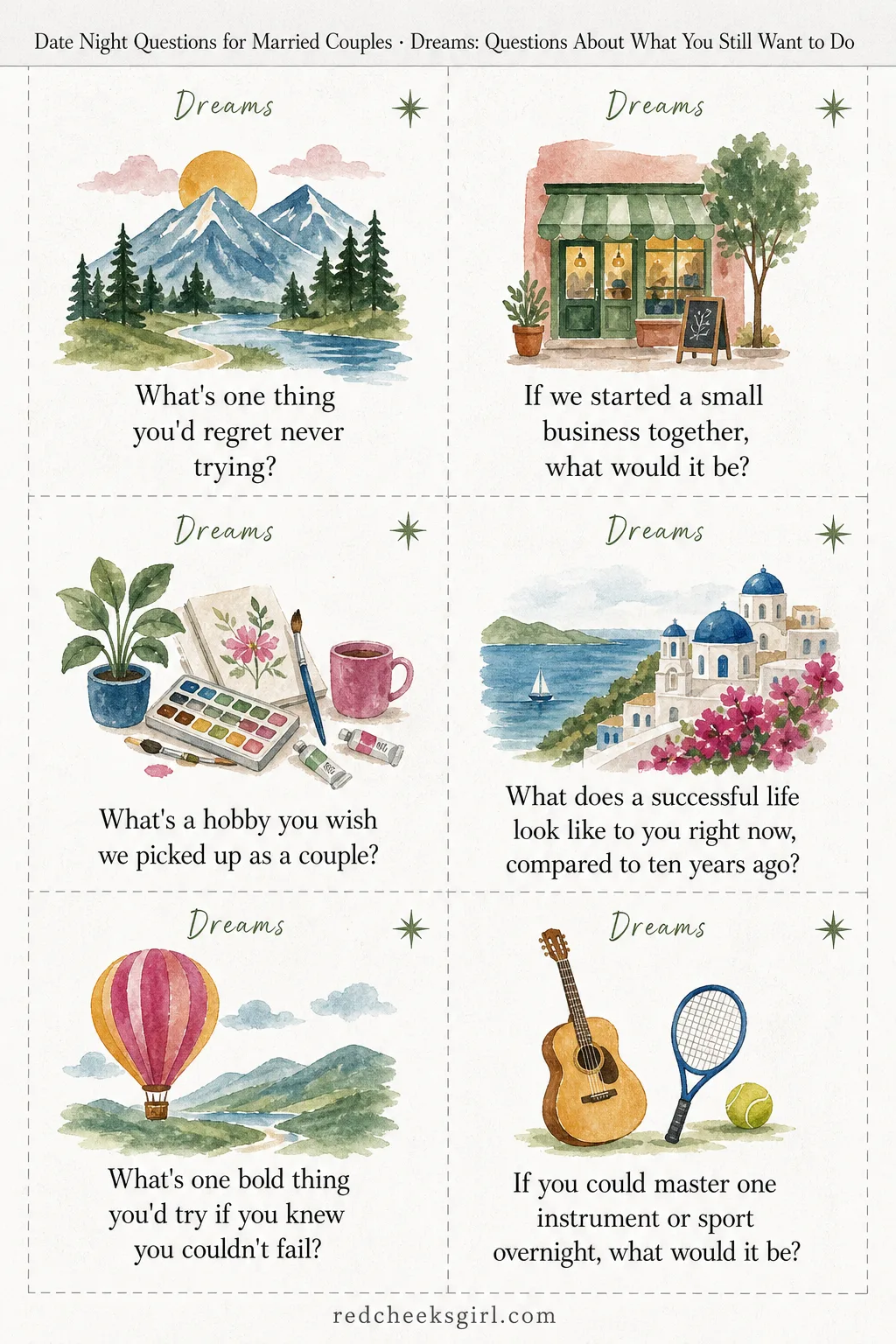 Dreams Cards (Sheet 2) printable sheet. Date night questions for married couples