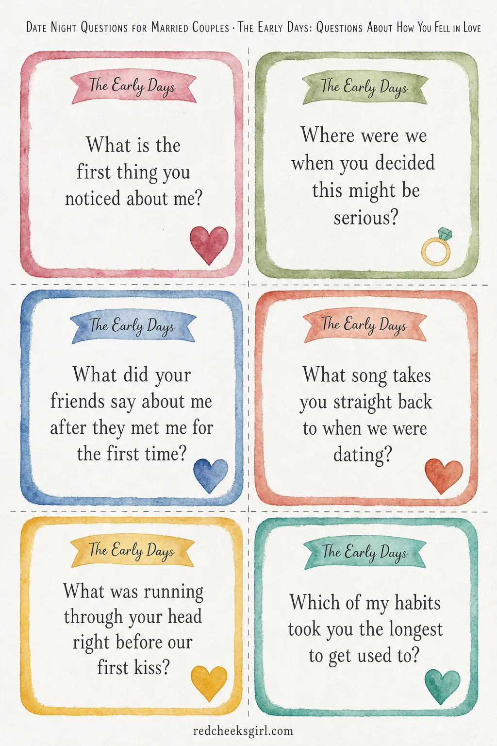The Early Days Cards (Sheet 1) printable sheet. Date night questions for married couples