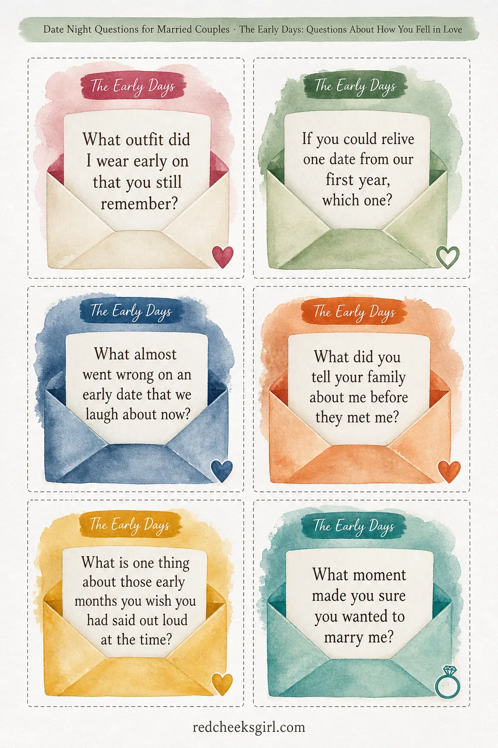 The Early Days Cards (Sheet 2) printable sheet. Date night questions for married couples
