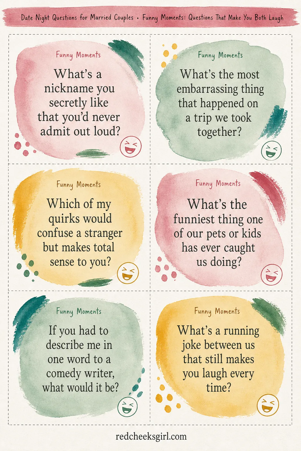 Funny Moments Cards (Sheet 2) printable sheet. Date night questions for married couples