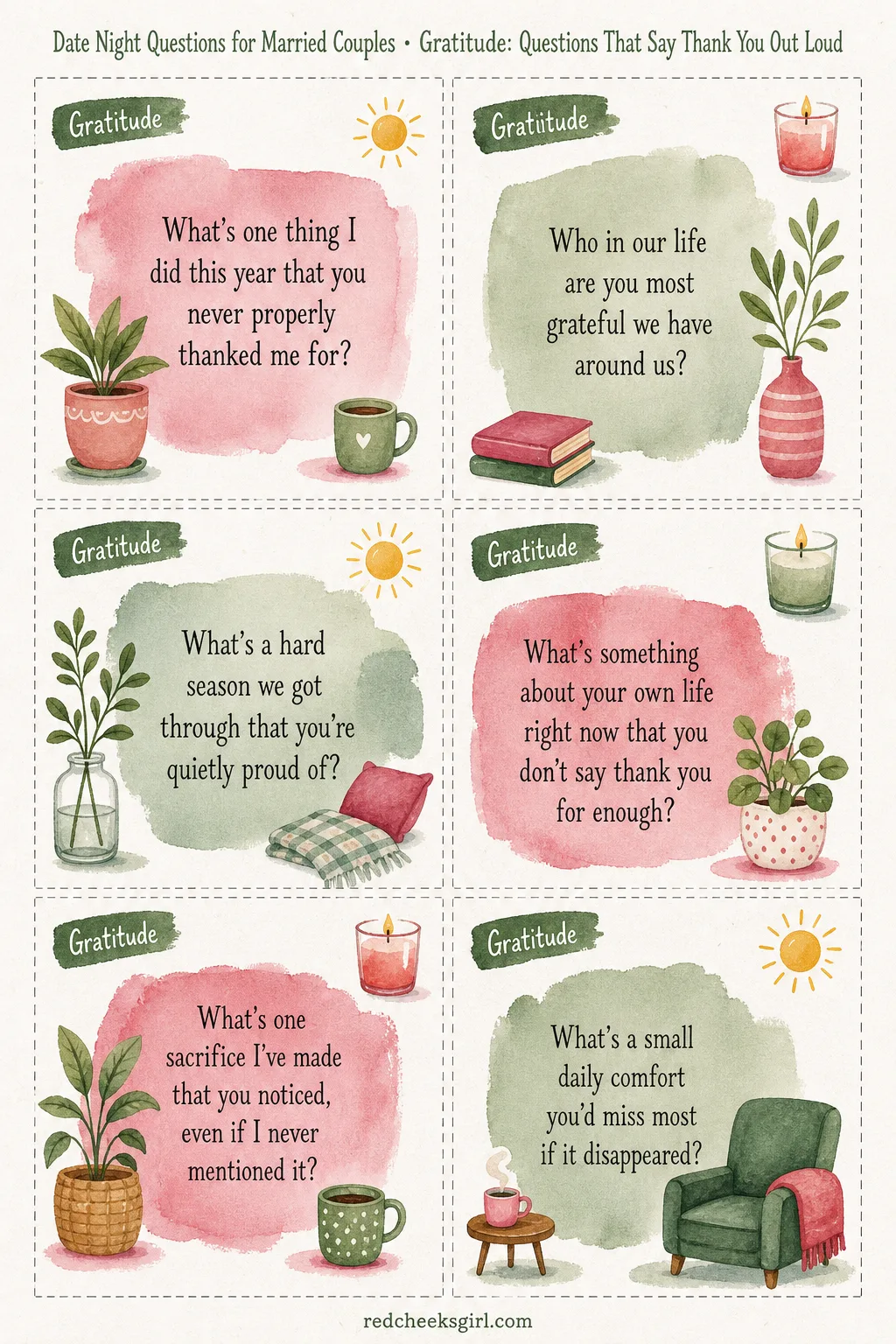 Gratitude Cards (Sheet 1) printable sheet. Date night questions for married couples