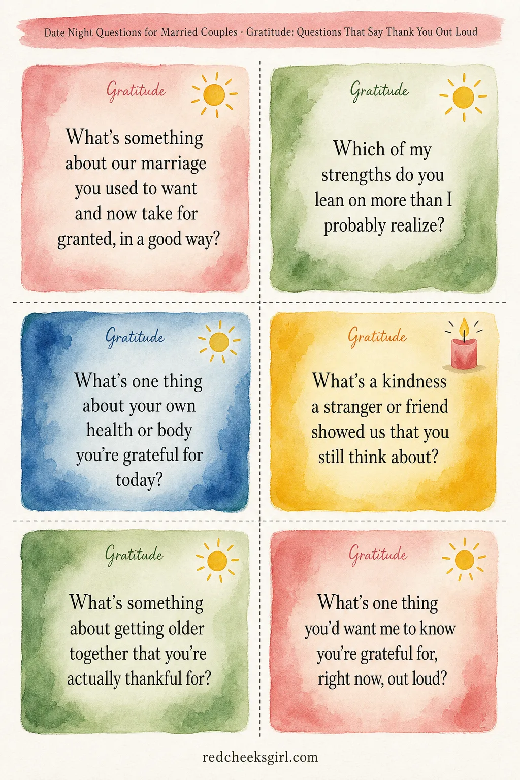 Gratitude Cards (Sheet 2) printable sheet. Date night questions for married couples