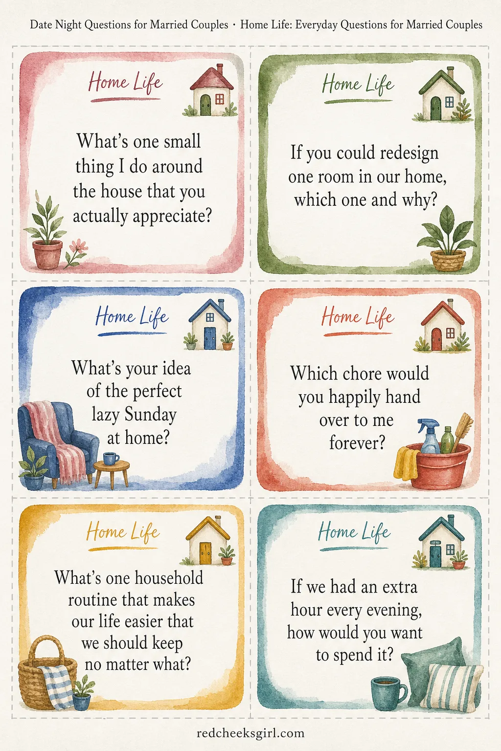 Home Life Cards (Sheet 1) printable sheet. Date night questions for married couples