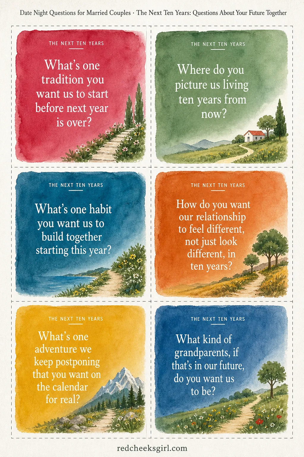 The Next Ten Years Cards (Sheet 1) printable sheet. Date night questions for married couples