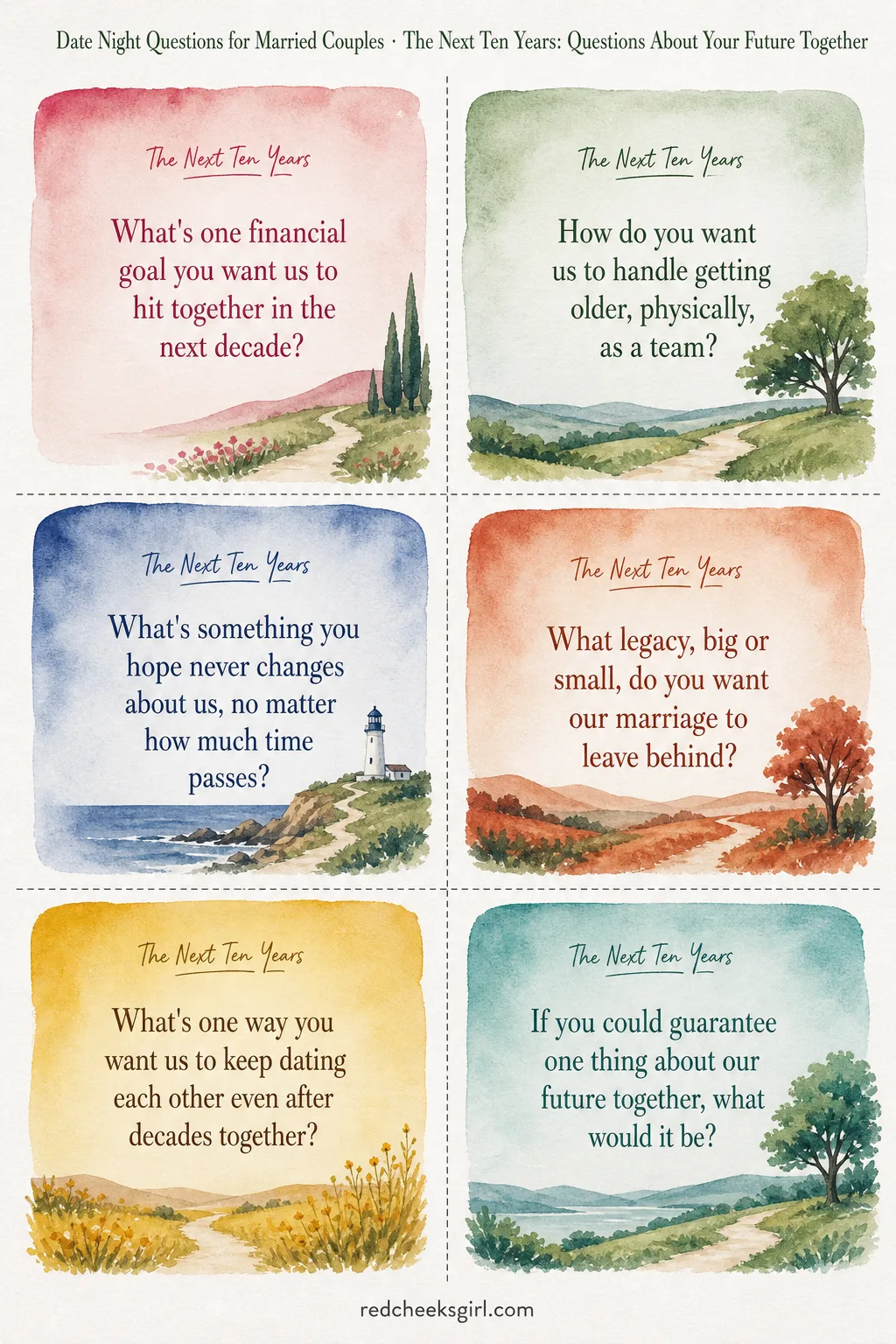 The Next Ten Years Cards (Sheet 2) printable sheet. Date night questions for married couples