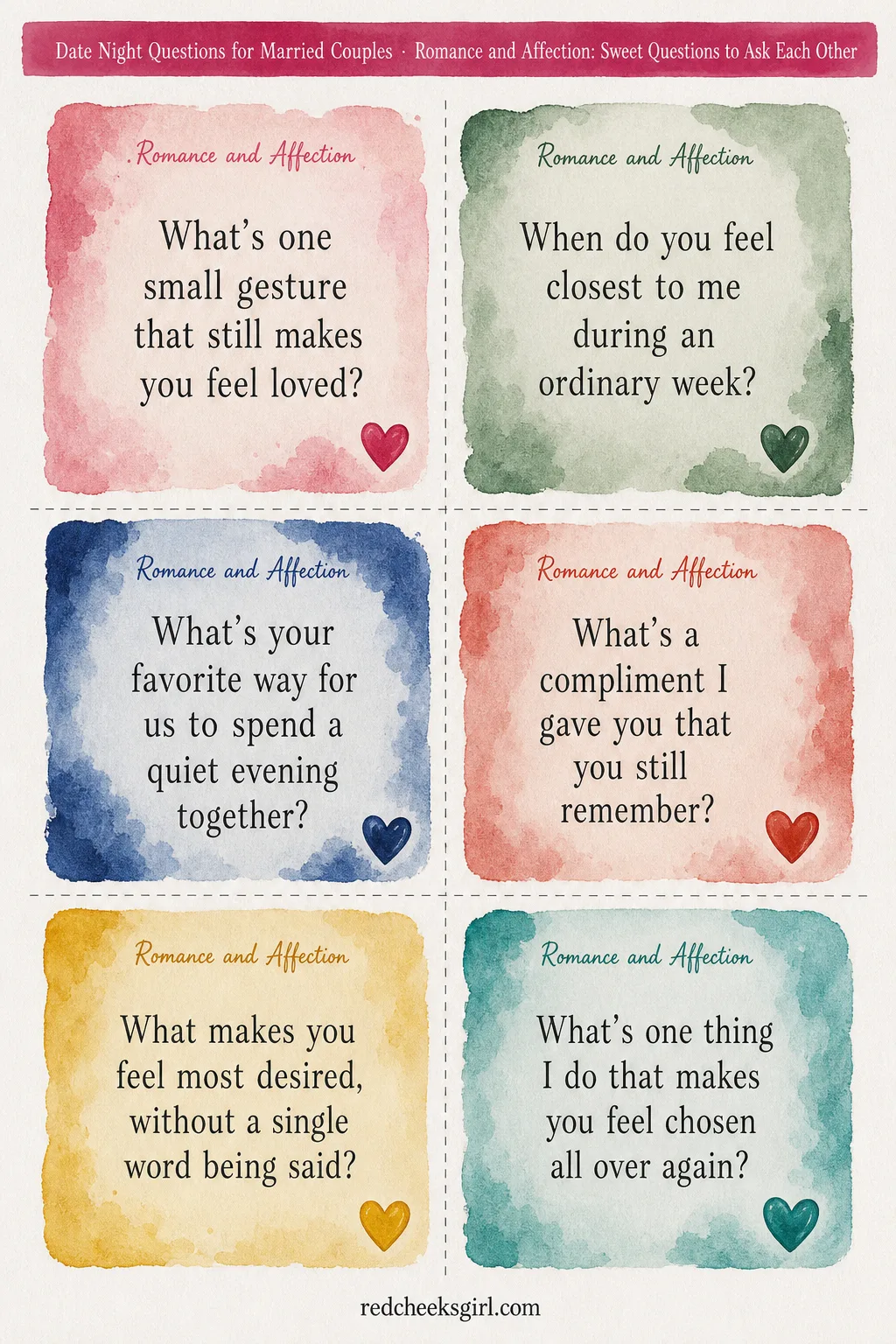 Romance and Affection Cards (Sheet 1) printable sheet. Date night questions for married couples