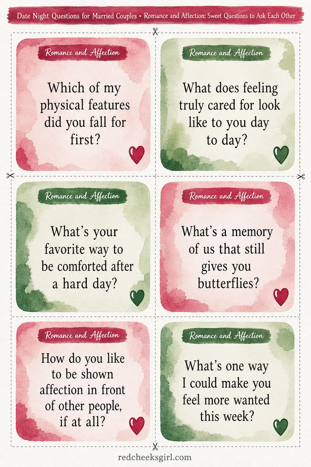 Romance and Affection Cards (Sheet 2) printable sheet. Date night questions for married couples
