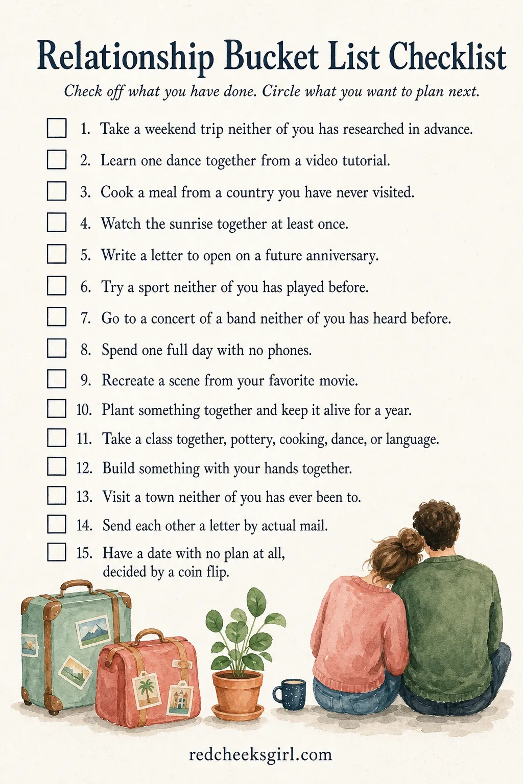 Relationship Bucket List Checklist printable sheet — Go through the fifteen items together, checking off anything you have already done and circling a few to