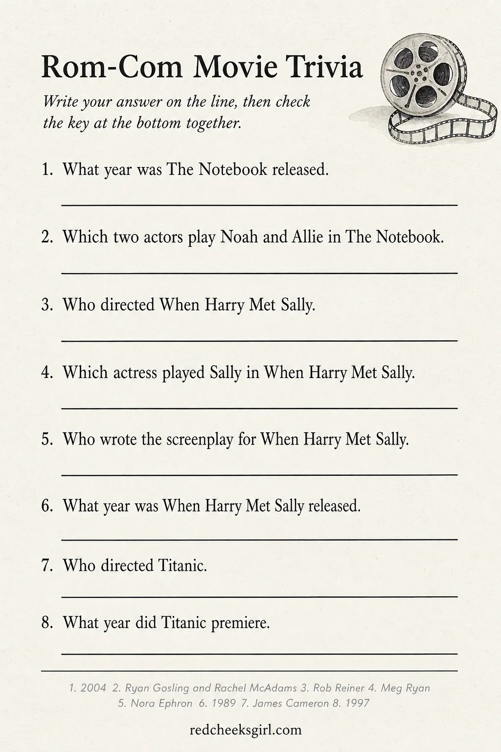Rom-Com Movie Trivia printable sheet — Take turns reading one question at a time and writing your answer on the blank before checking the key together. Date