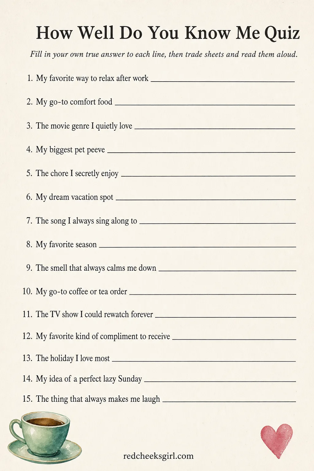 How Well Do You Know Me Quiz printable sheet — You will say you already know everything about each other, right up until question nine. Date night games