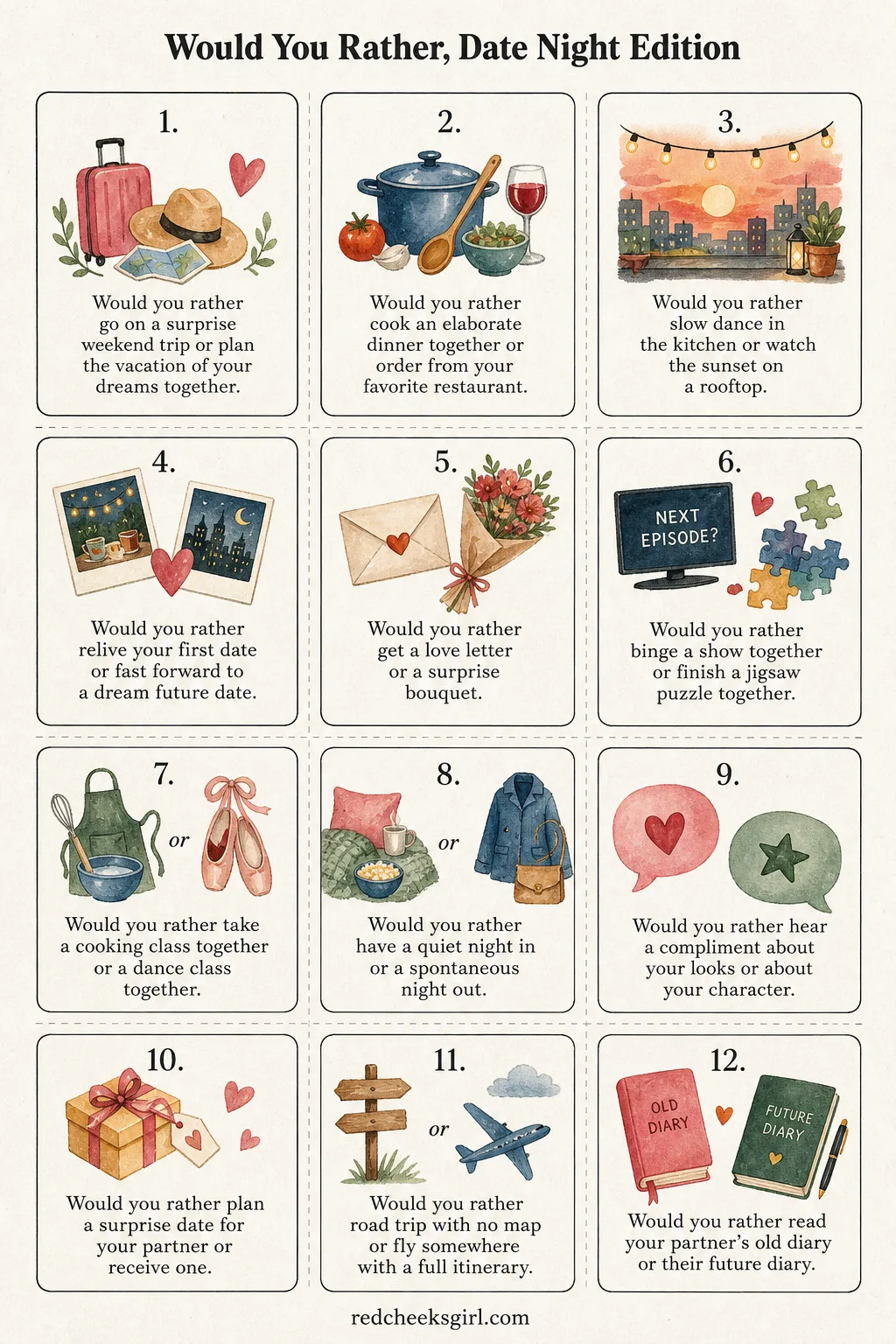 Would You Rather Cards printable sheet — Shuffle the twelve cards face down and take turns drawing one, answering out loud, then giving your reason if your