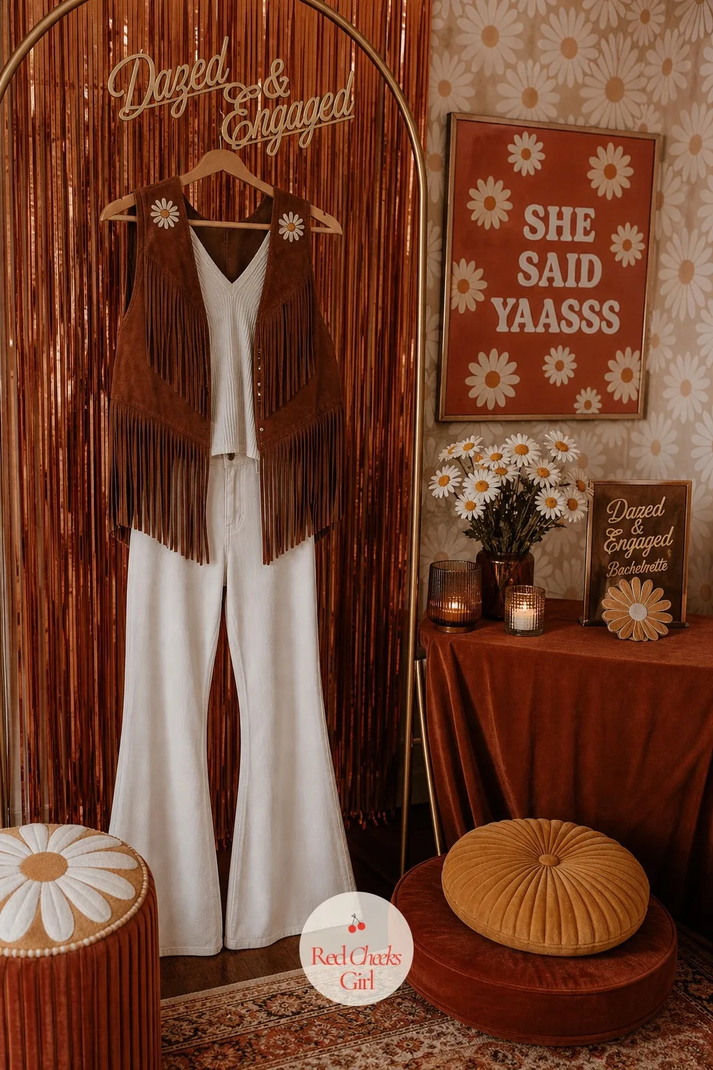 The Bride's Fringe Vest and Flared Trousers — A sash feels like an afterthought on a bride who actually dresses up for things. Dazed and engaged bachelorette