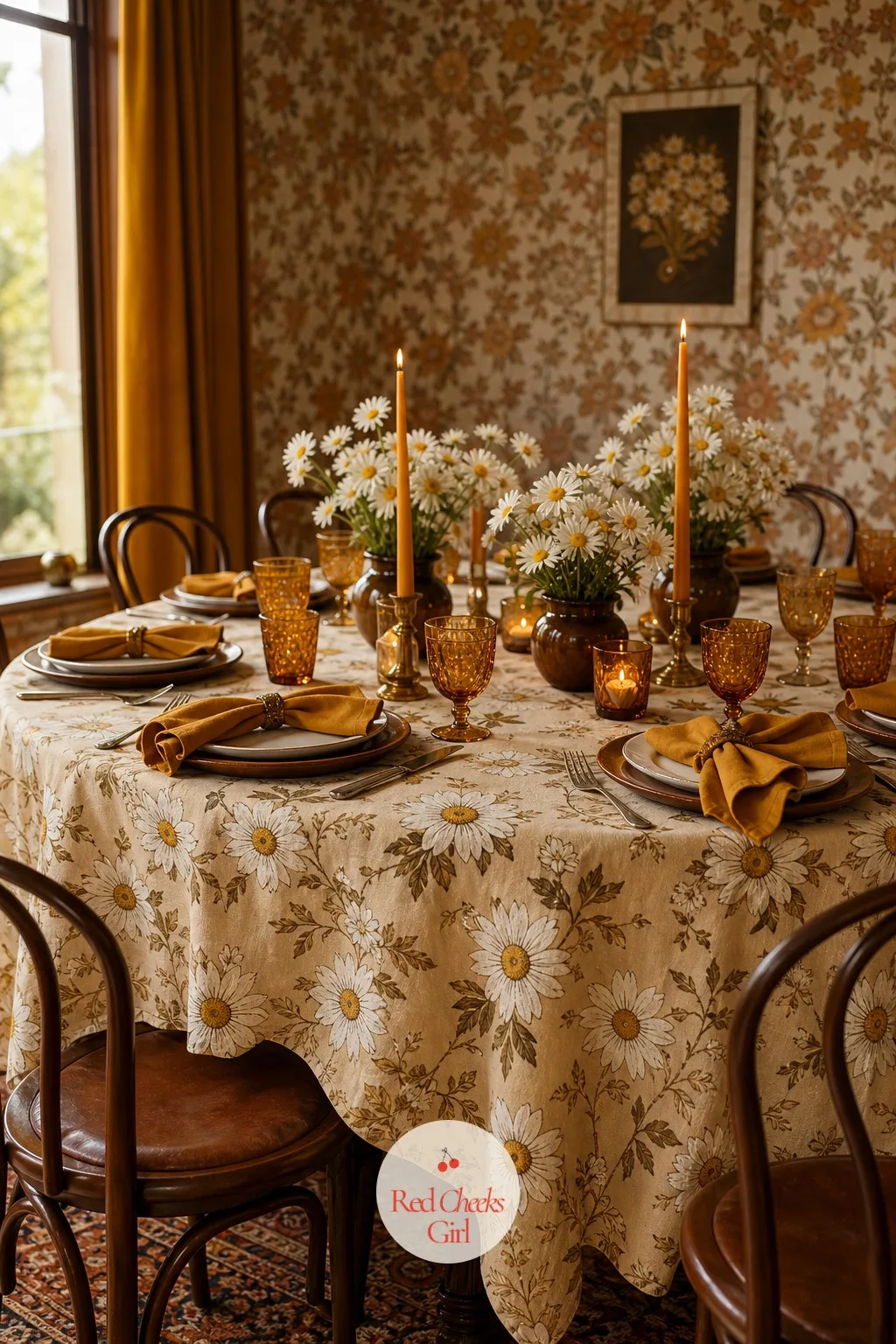 Daisy Print Tablecloth and Napkins — A plain white tablecloth looks like a conference room, not a party. Dazed and engaged bachelorette