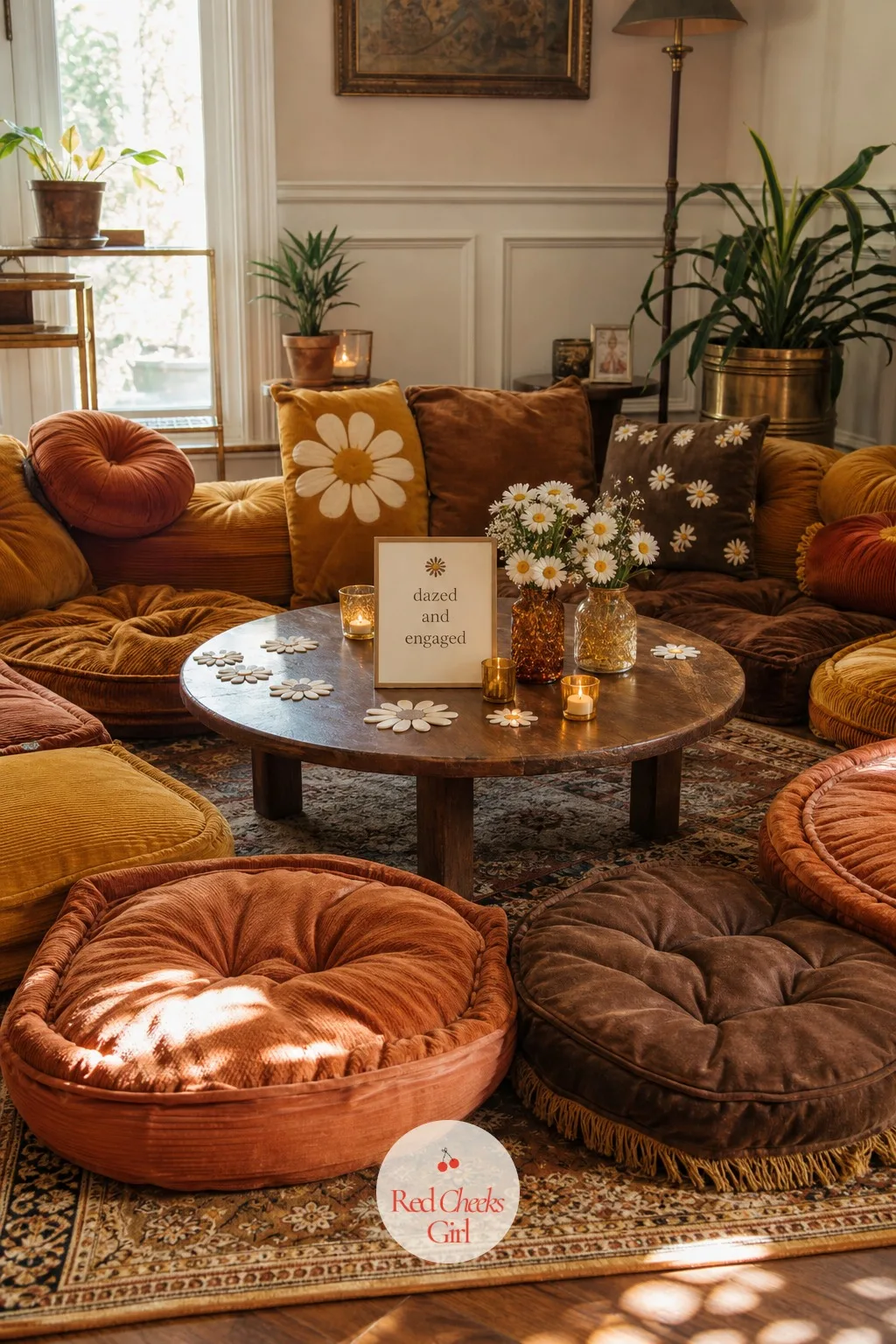 Floor Cushion Lounge Nook — Rented sofas never fit the headcount. Dazed and engaged bachelorette