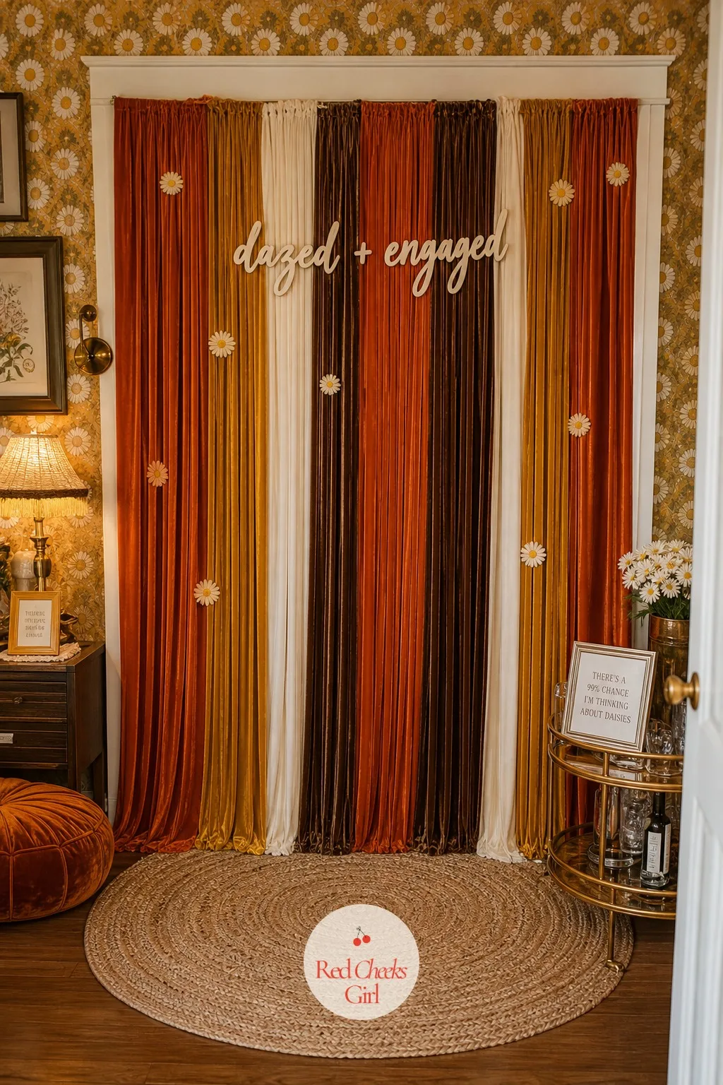 Orange Velvet Fringe Photo Backdrop — Every group needs one wall built for photos, or the phone comes out against whatever happens to be behind someone. Dazed