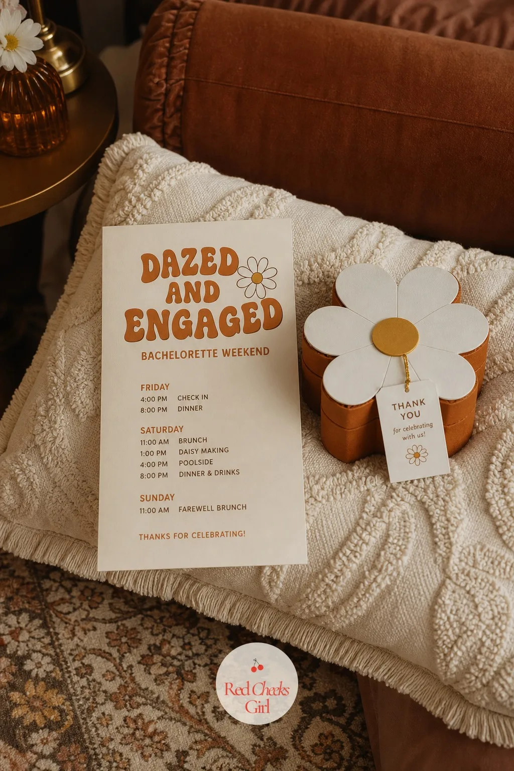 The Printed Itinerary Card — A loose group chat where nobody actually knows the plan causes more stress than any decor fixes. Dazed and engaged bachelorette