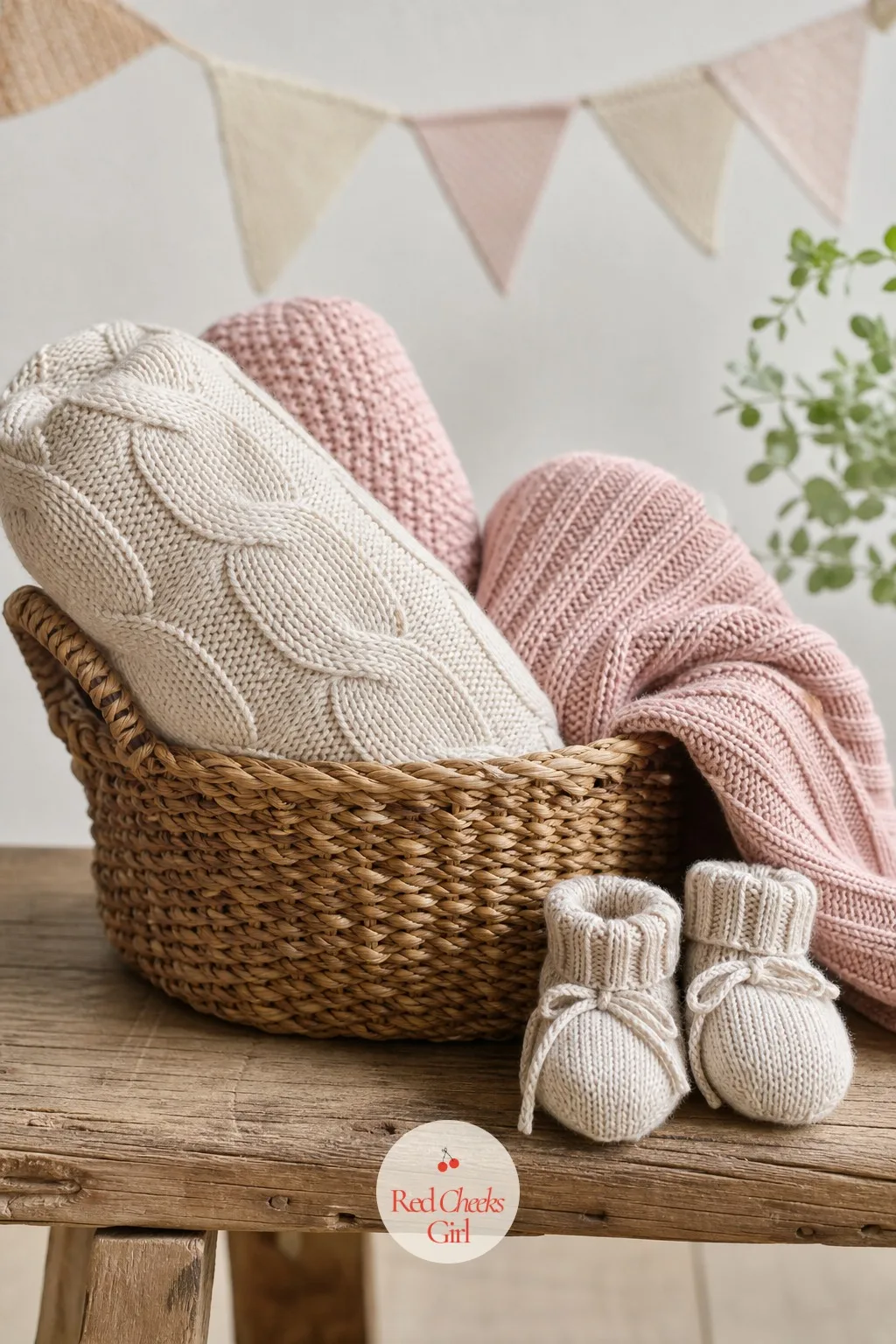 Bundle Up Knits — A quieter cousin of the cold-outside theme, built entirely from texture rather than color: oatmeal, blush and soft grey yarn pieces, a basket
