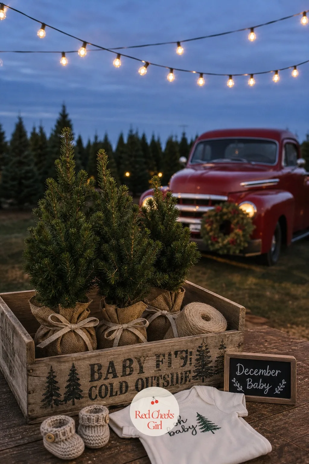 Christmas Tree Farm With a Vintage Red Truck — Built from the bottom up like the real thing: a wide wooden crate stands in for the truck bed, small potted