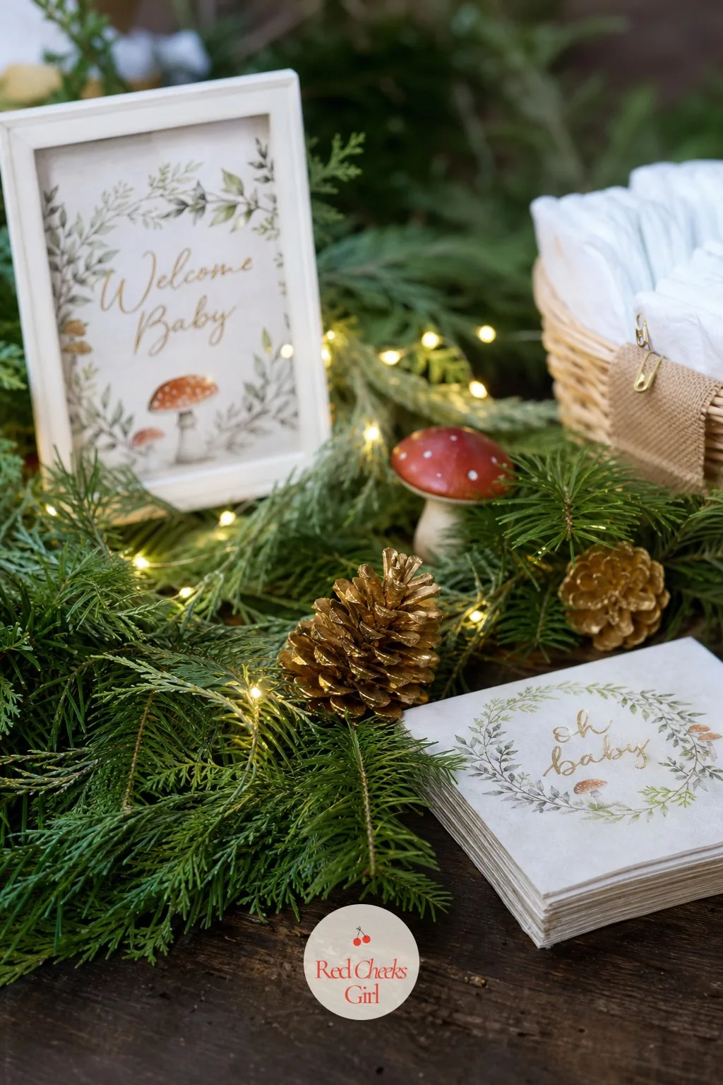 Enchanted Forest — Darker and more magical than a standard winter theme: deep green branches, small amber fairy lights tucked low rather than strung overhead