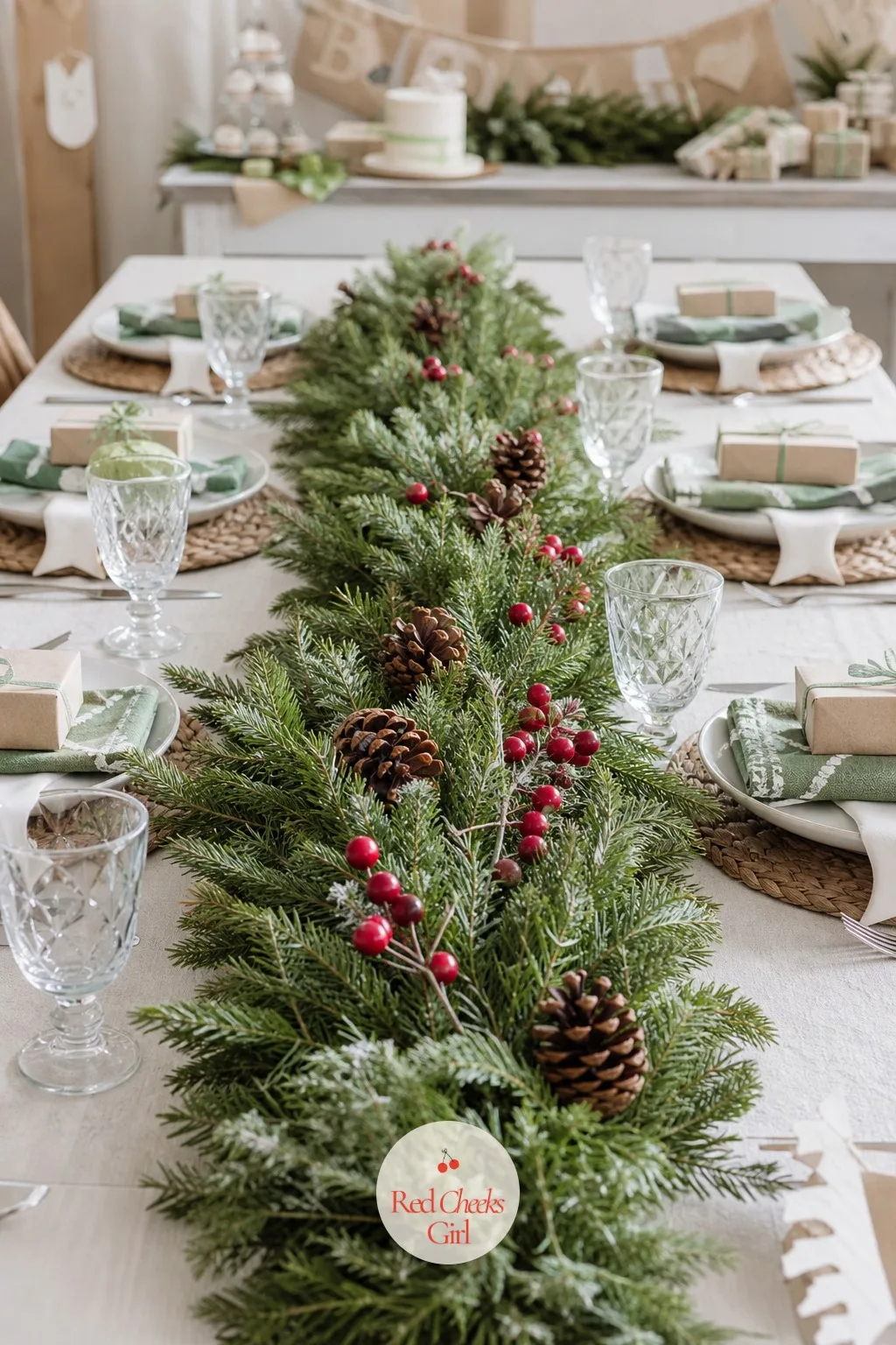 Evergreen Garland Runner — A full length of real or faux pine laid flat down the center of the table, left loose and a little uneven rather than pinned stiff