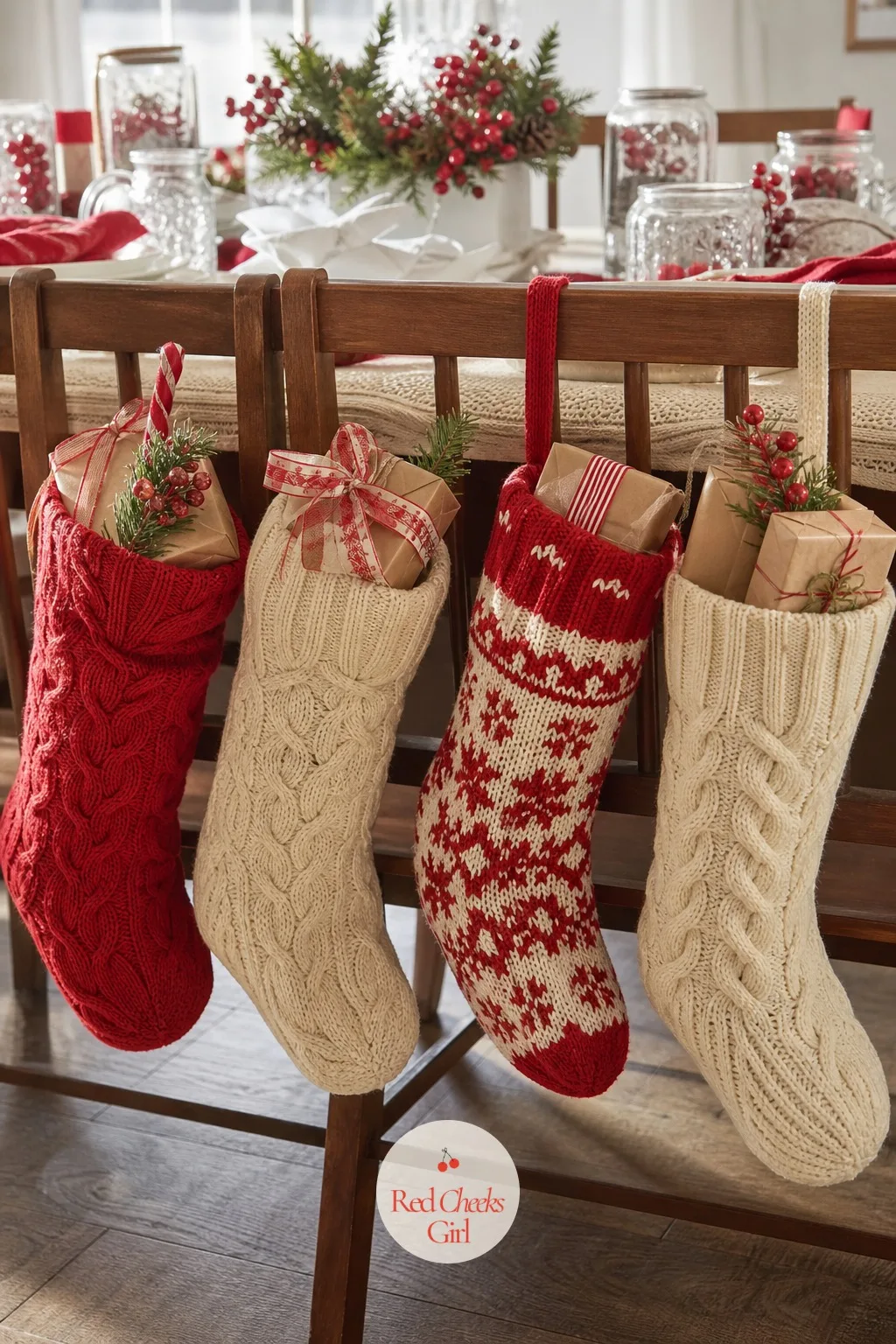 Gifts Displayed in Stockings — Instead of a single pile on the gift table, small wrapped presents get tucked into a row of full-size stockings hung along the