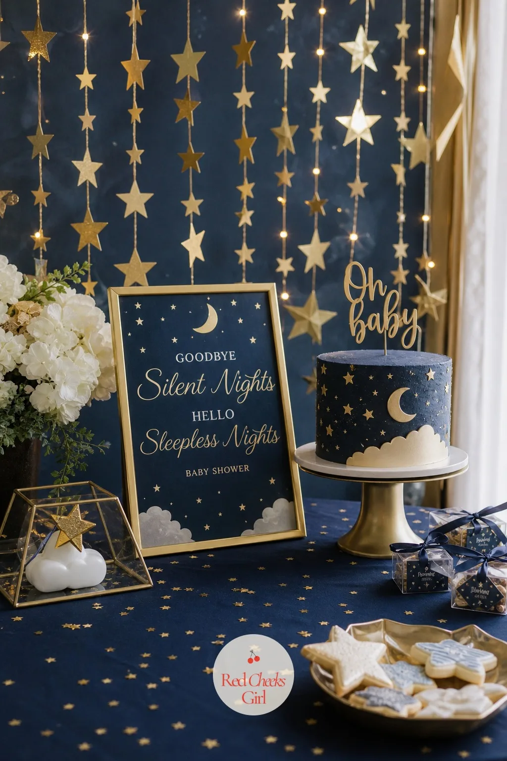 Goodbye Silent Nights Celestial — Half lullaby, half joke about the sleep that is coming: deep navy and gold stand in for a night sky, small gold star garlands