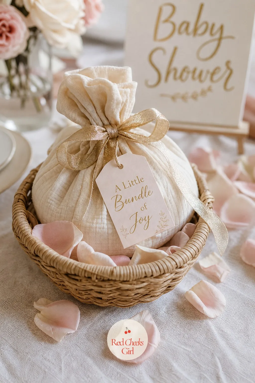 A Little Bundle of Joy — Blush, cream and a touch of gold, built around the idea of the baby as the wrapped gift itself: a soft bundle of cream muslin tied