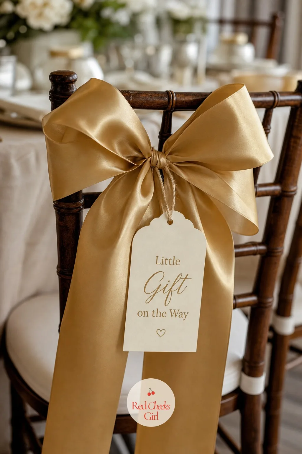 Little Gift on the Way Bows — The smallest and cheapest entry on this entire list: a plain cream gift tag reading the phrase, tied with a single oversized gold