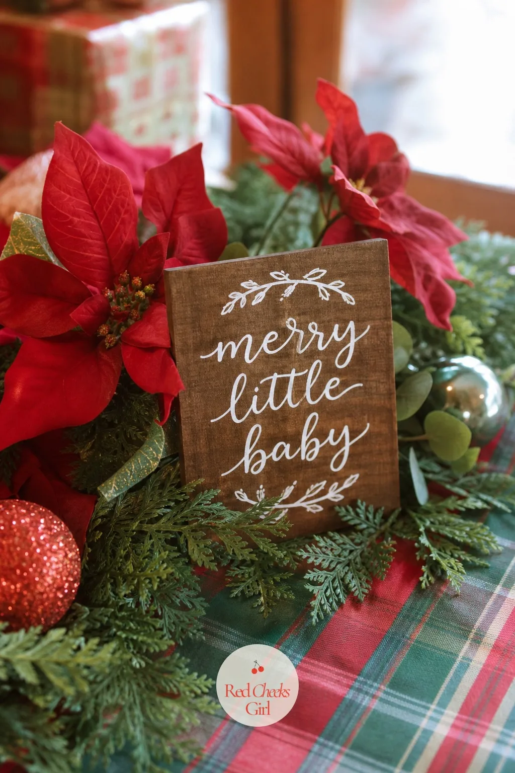 Merry Little Baby — This is the phrase that already lives on half the cards in the shop, so lean into it rather than avoid it: watercolor-style red and green