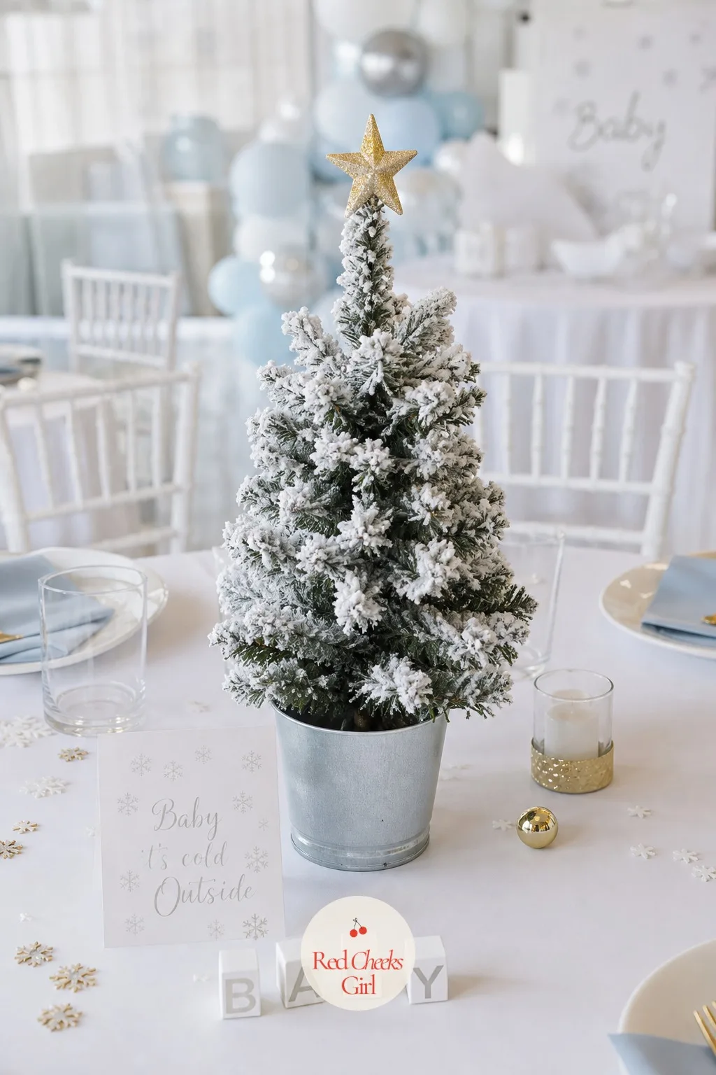 Mini Tree Centerpieces — One small tree per table rather than one large tree for the whole room changes the scale of the party entirely, each guest gets to sit