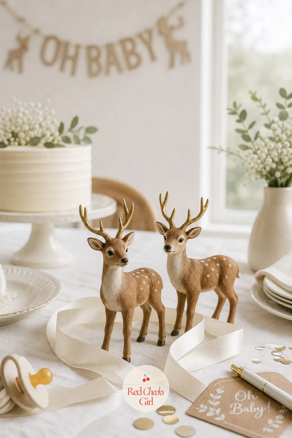 Oh Deer Reindeer — Softer than Rudolph, closer to a nursery print: brown and cream figurines of fawns rather than full reindeer, gold antler accents kept