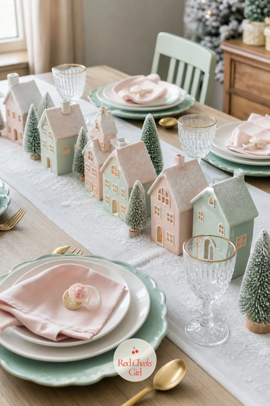 Pastel Christmas Village — Built like a dessert table even where there is no dessert: small ceramic houses in mint, blush and cream are arranged along a mantel