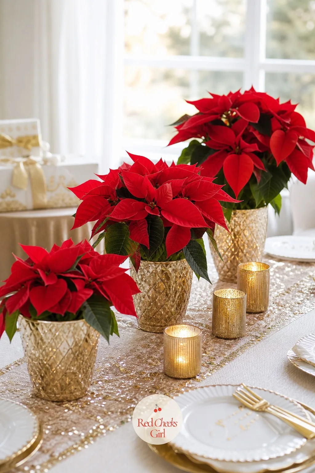 Poinsettia Centerpieces — One real or silk poinsettia plant, left in its own pot rather than cut into arrangements, does more for a table than a dozen smaller