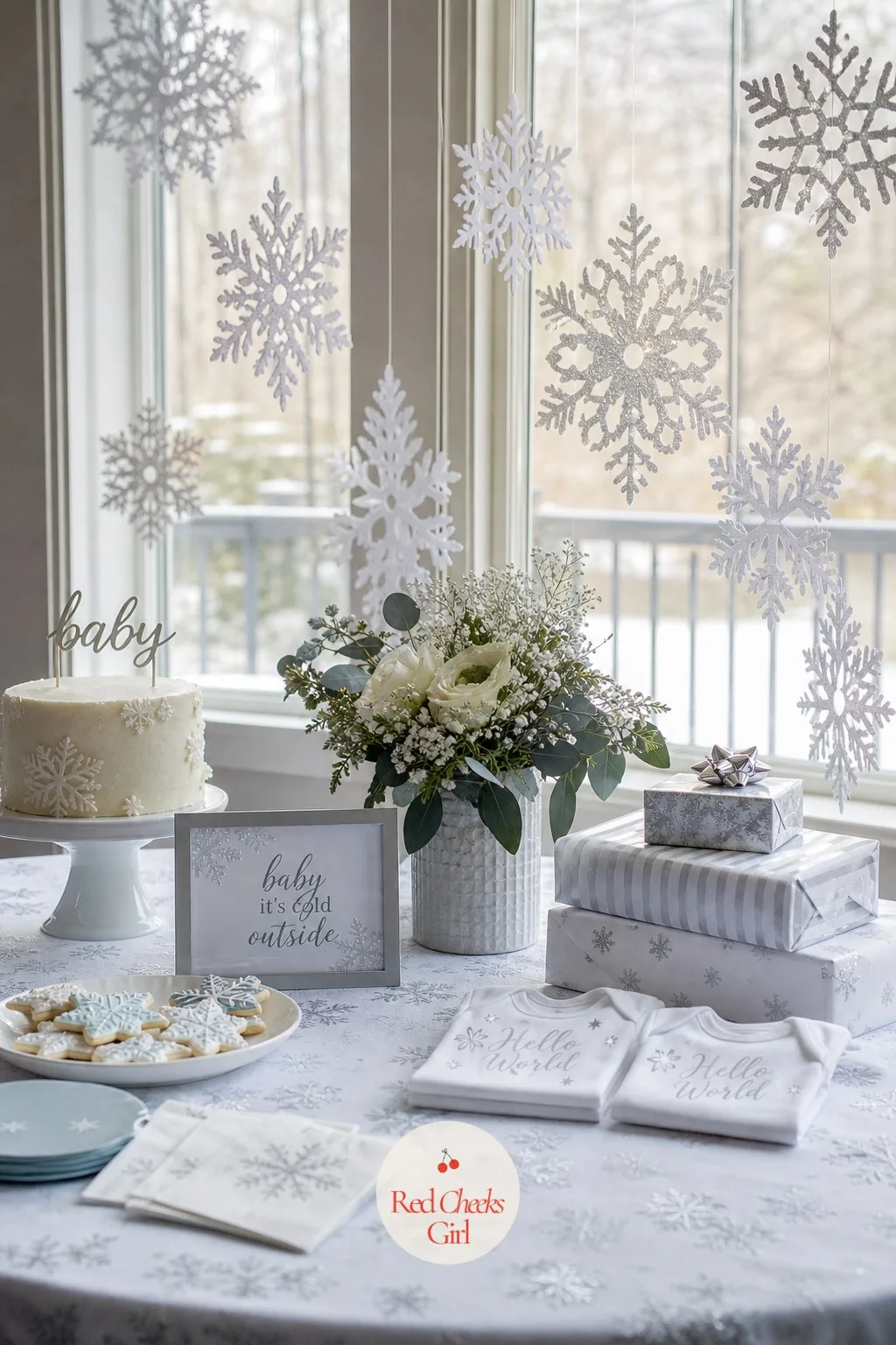 Snowflake Garland — The cheapest line-item in this entire article, and one of the most photogenic once it is lit right. December baby shower ideas