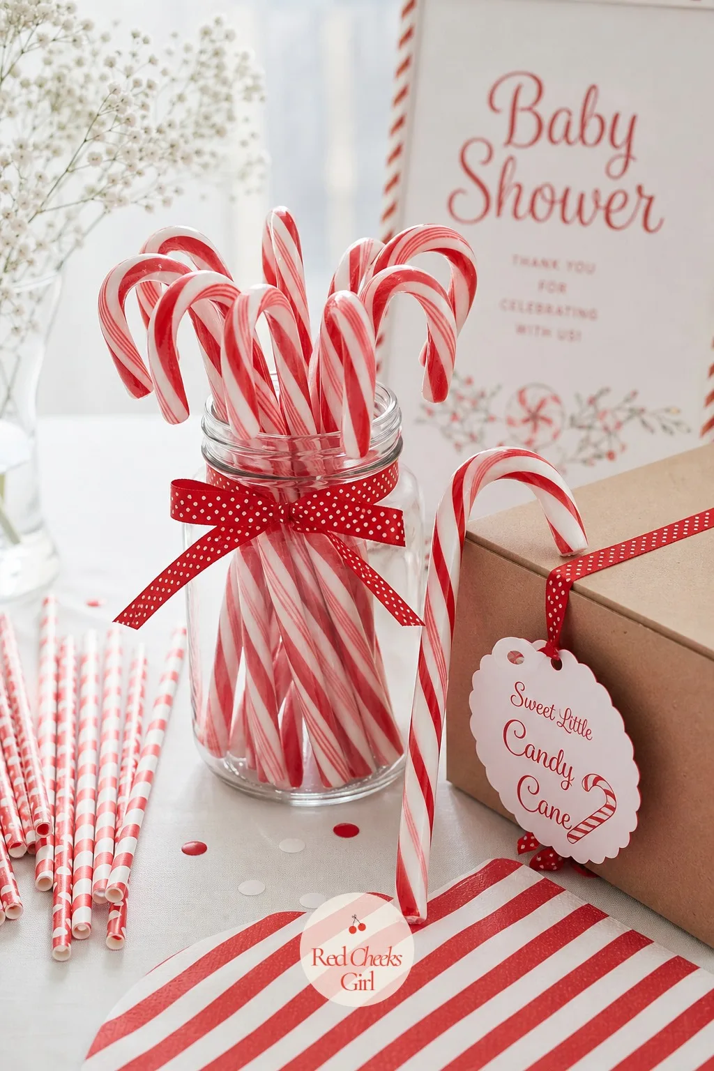 Sweet Little Candy Cane — Peppermint stripe is doing most of the work here: red and white only, a glass jar of real candy canes standing upright like a