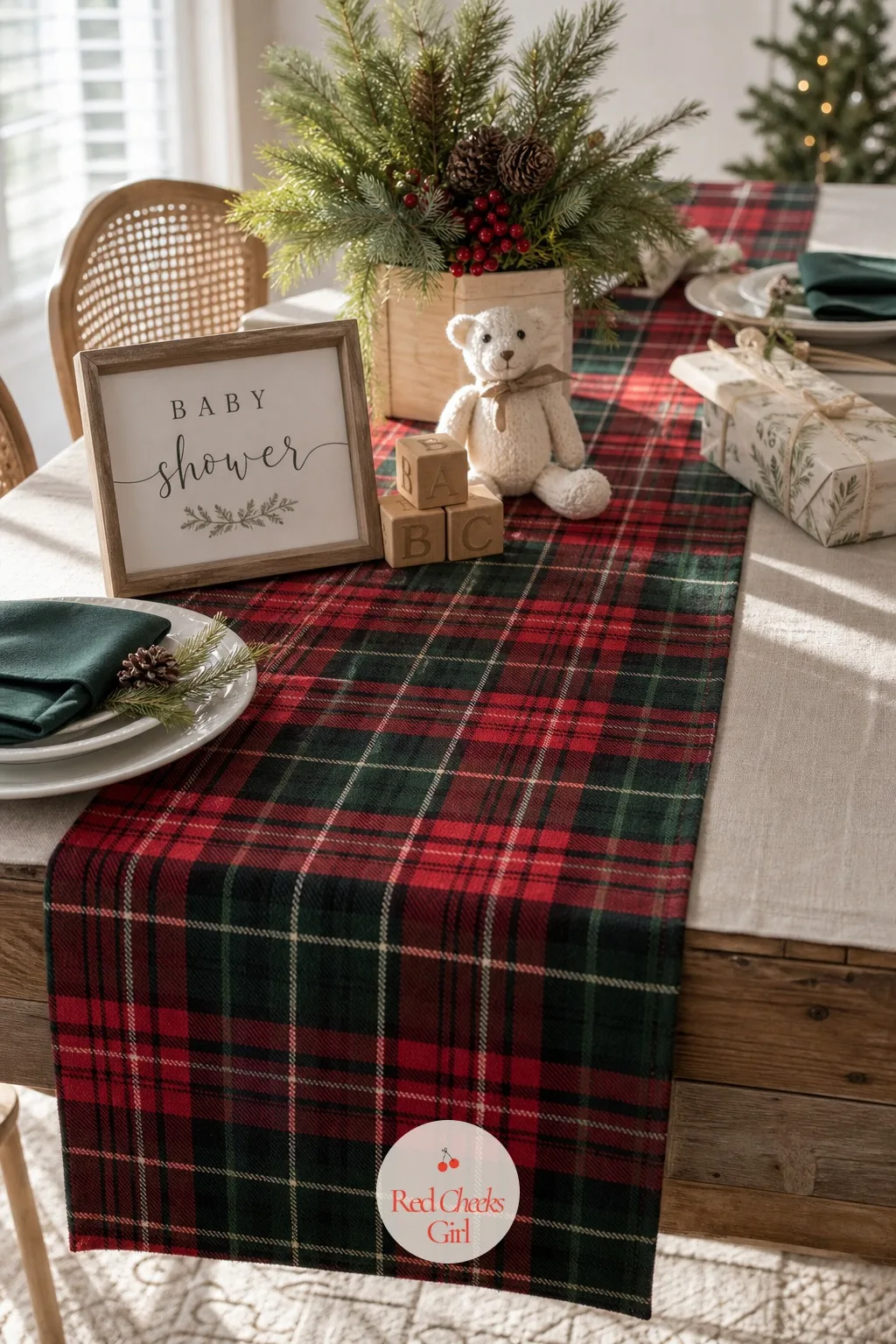 Tartan Plaid Table — Red, green and black plaid, laid straight down the center of an otherwise plain table rather than covering the whole surface, keeps this