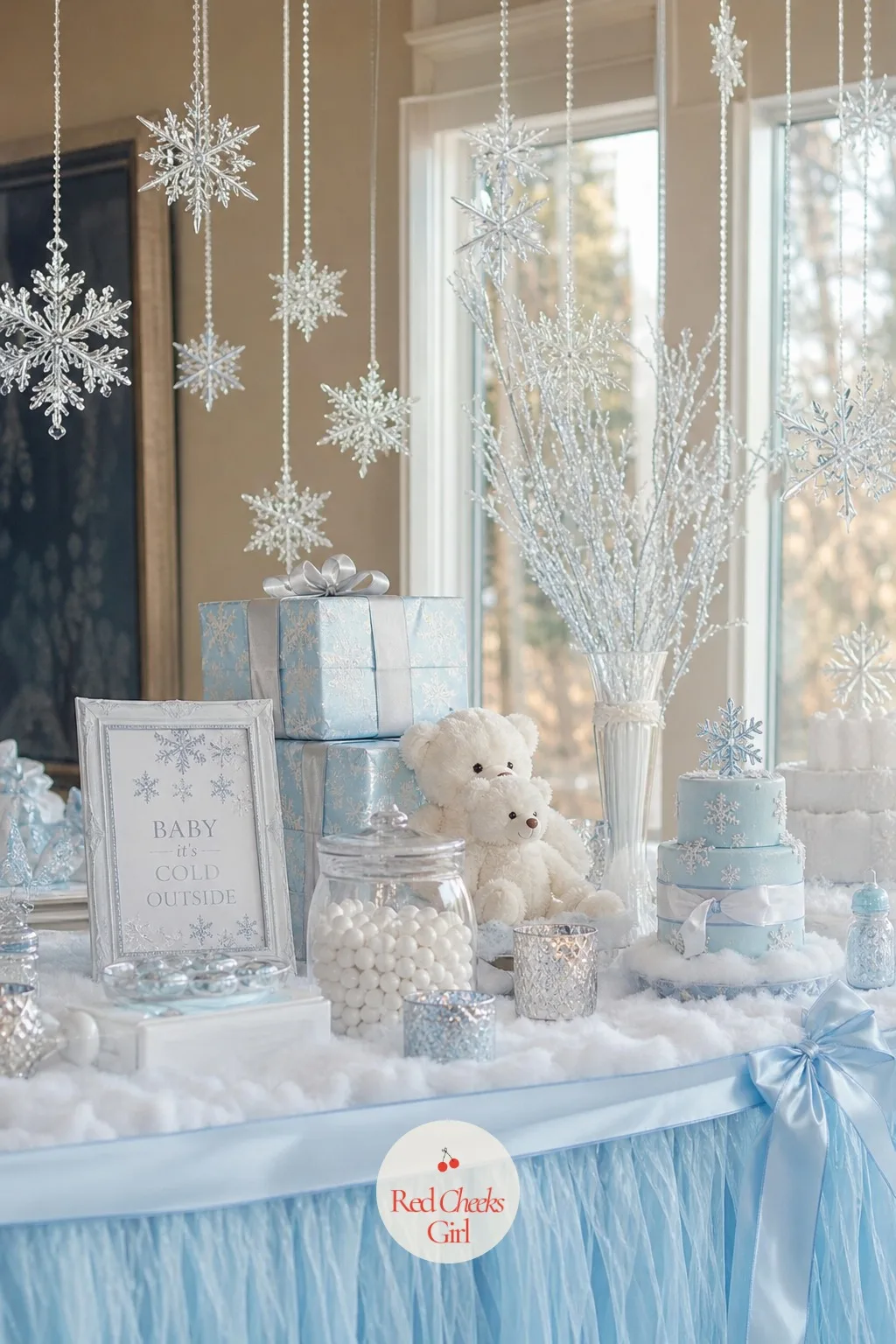 Winter Wonderland — Cool rather than warm, and the one theme here that photographs better under bright white light than candlelight. December baby shower ideas