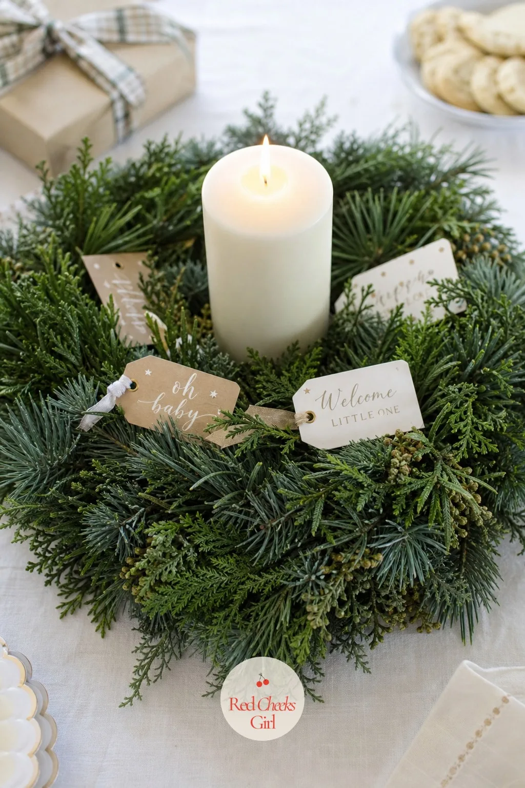 Wreath Centerpieces — Laid flat instead of hung, a wreath becomes a ready-made centerpiece frame: set it directly on the table and place a single thick candle