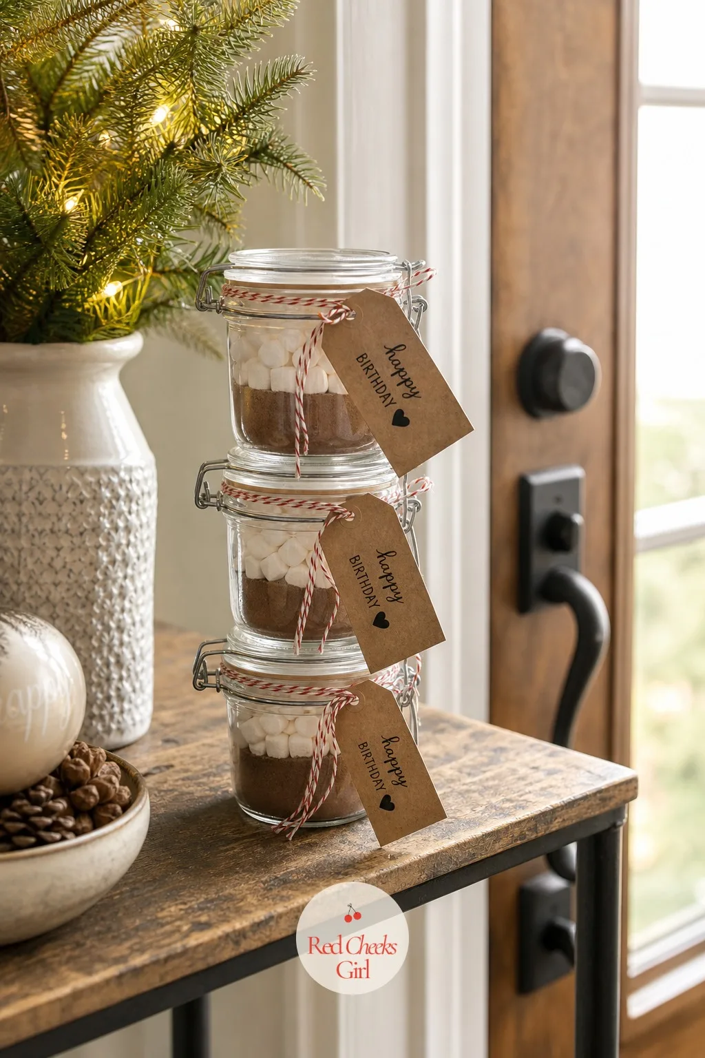 The Mini Cocoa Kit Stack by the Door — Near the exit, not the dessert table, stack a small pile of mini jars layered with cocoa mix, mini marshmallows and a