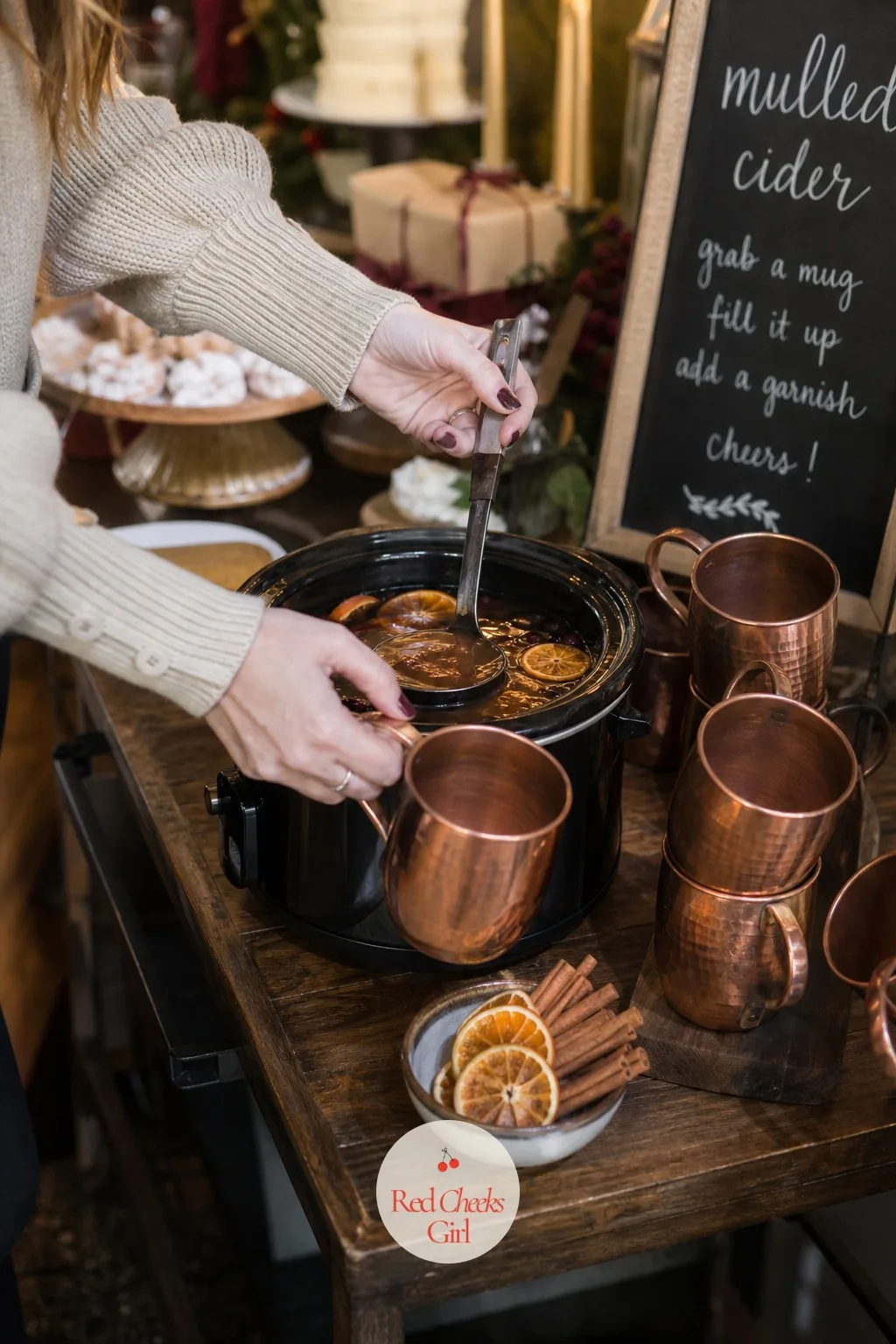 The Mulled Cider and Copper Mug Station — Cocoa is for the kids' end of the table, this one is for the grown-ups standing near the window with their coats