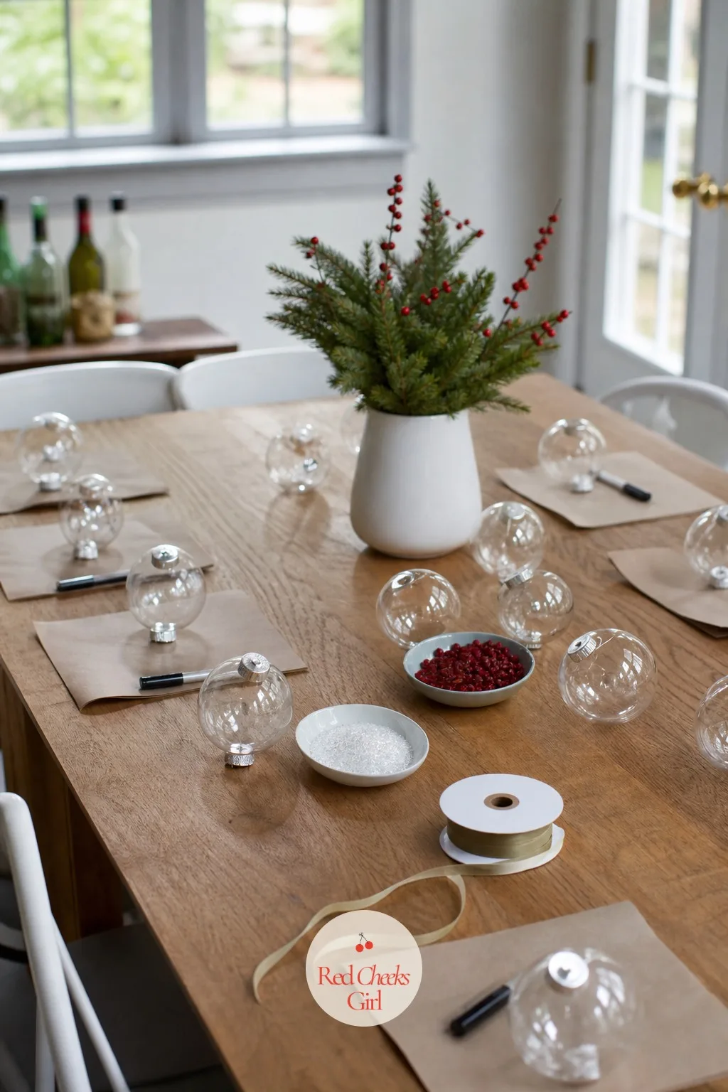 The Ornament Making Table — Give every guest a plain clear glass ornament and a tray of fillers: fine snow glitter, dried berries, tiny pinecones, a spool of