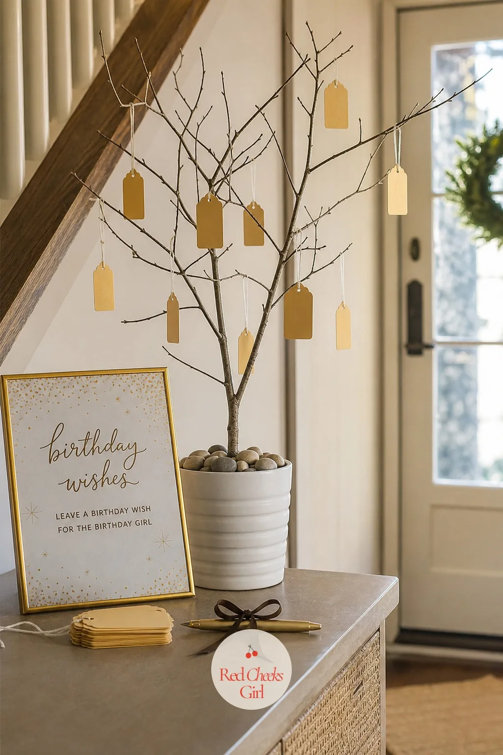 The Tabletop Wish Tree — A small bare branch or tabletop tree stands in a weighted pot near the entrance with a stack of blank gold tags and a pen tied