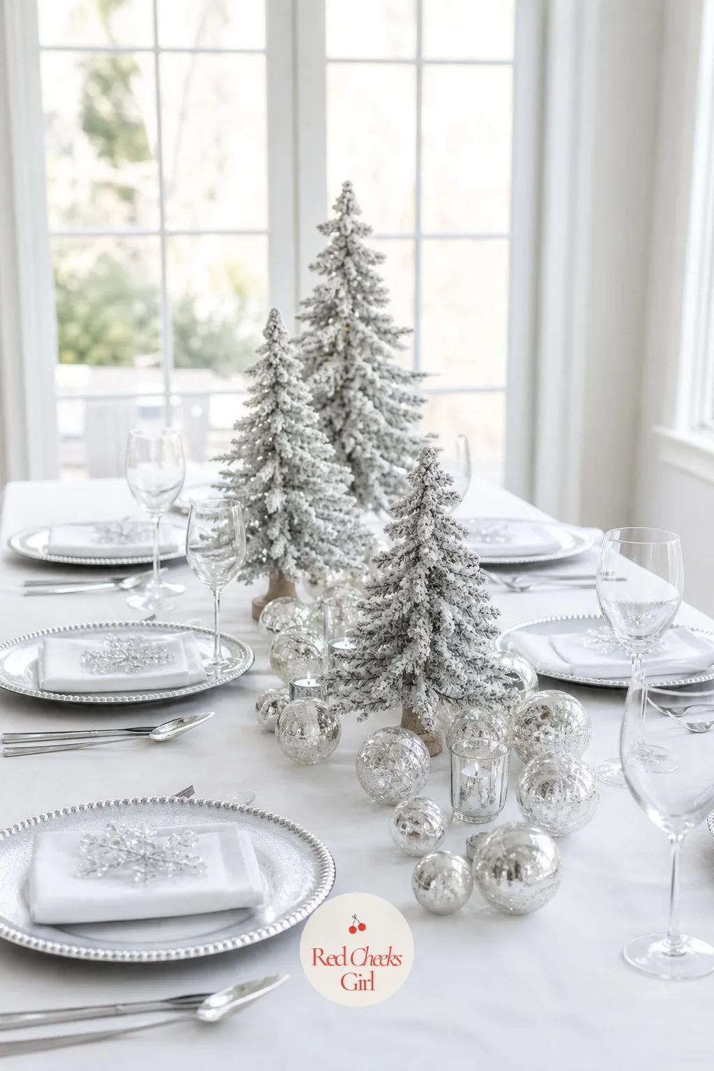 The White and Silver Flocked Tree Table — Not every December birthday wants cabin red. December birthday party ideas