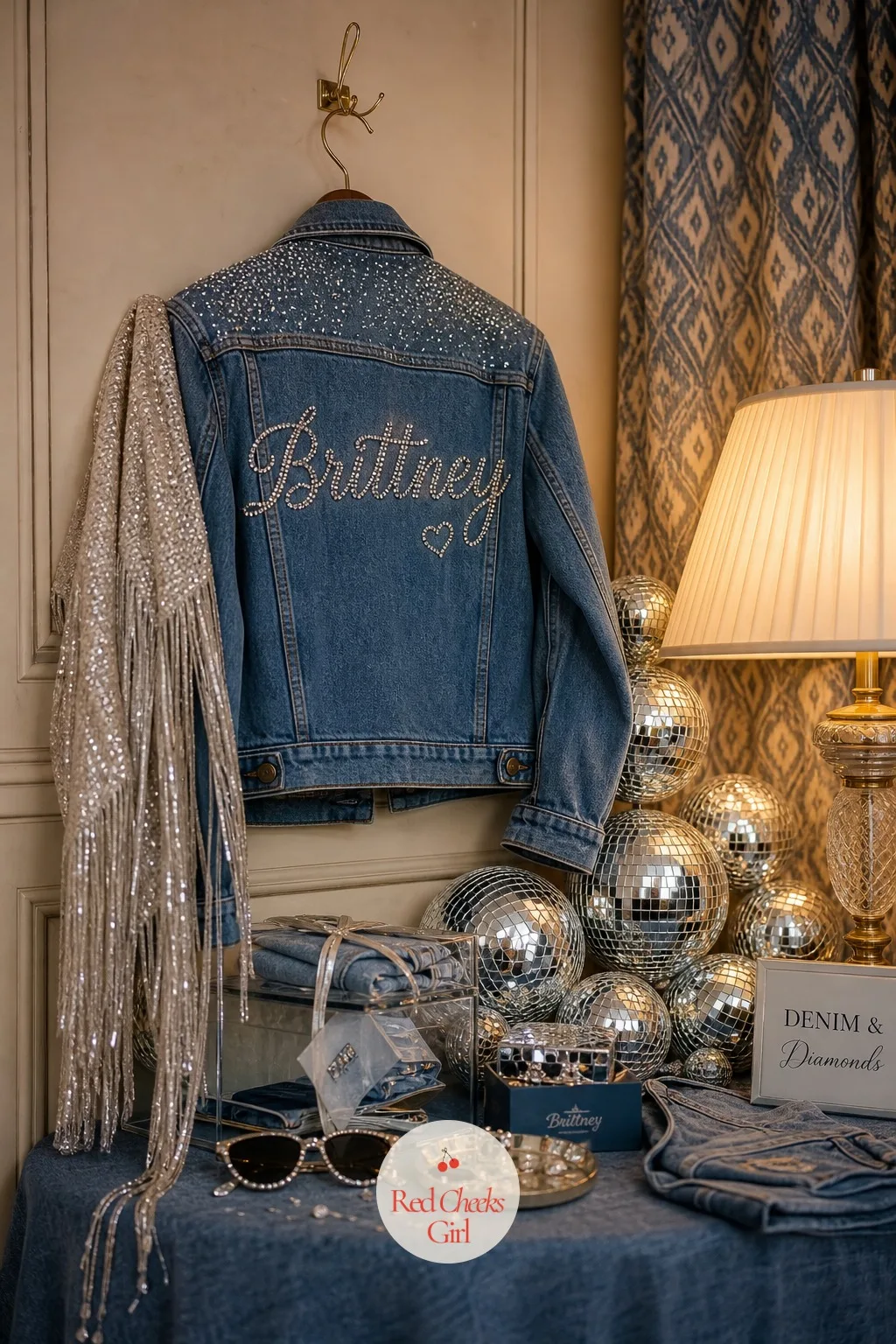 The Bride's Denim Jacket — Think of this jacket as her sash for the night: one denim jacket, covered in rhinestones and her name across the back, worn over
