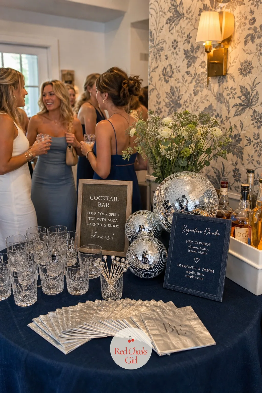 The Cocktail Bar — A drinks station gives the party somewhere to gather before the dancing starts, so set it up as its own small scene rather than a few