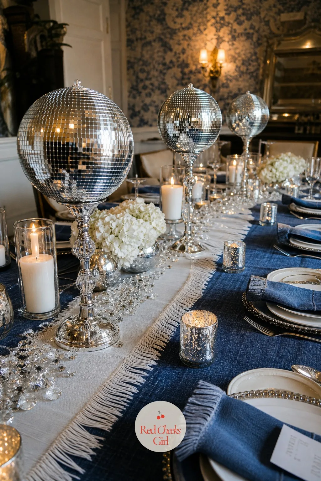 Crystal Disco Ball Centerpieces — The table needs its own small version of the backdrop's sparkle, and a line of mini disco balls on short stands down the
