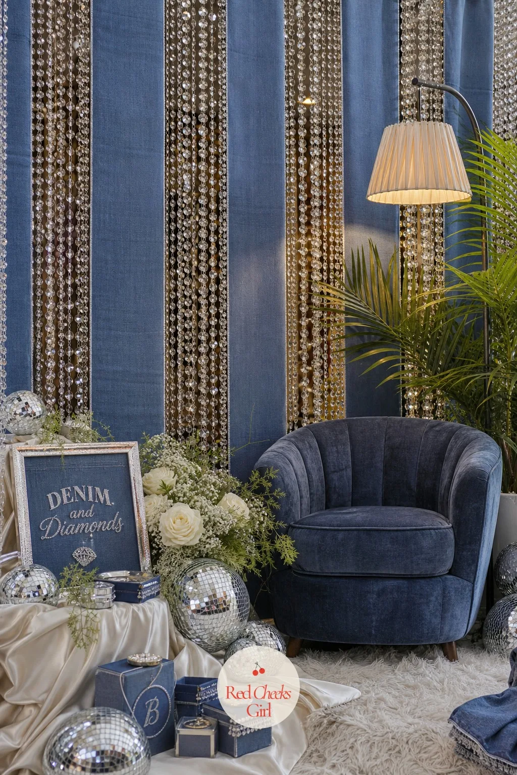 Denim and Crystal Backdrop — A bare wall says nothing, so this is the fix: a backdrop built in panels, denim blue fabric alternating with strands of hanging