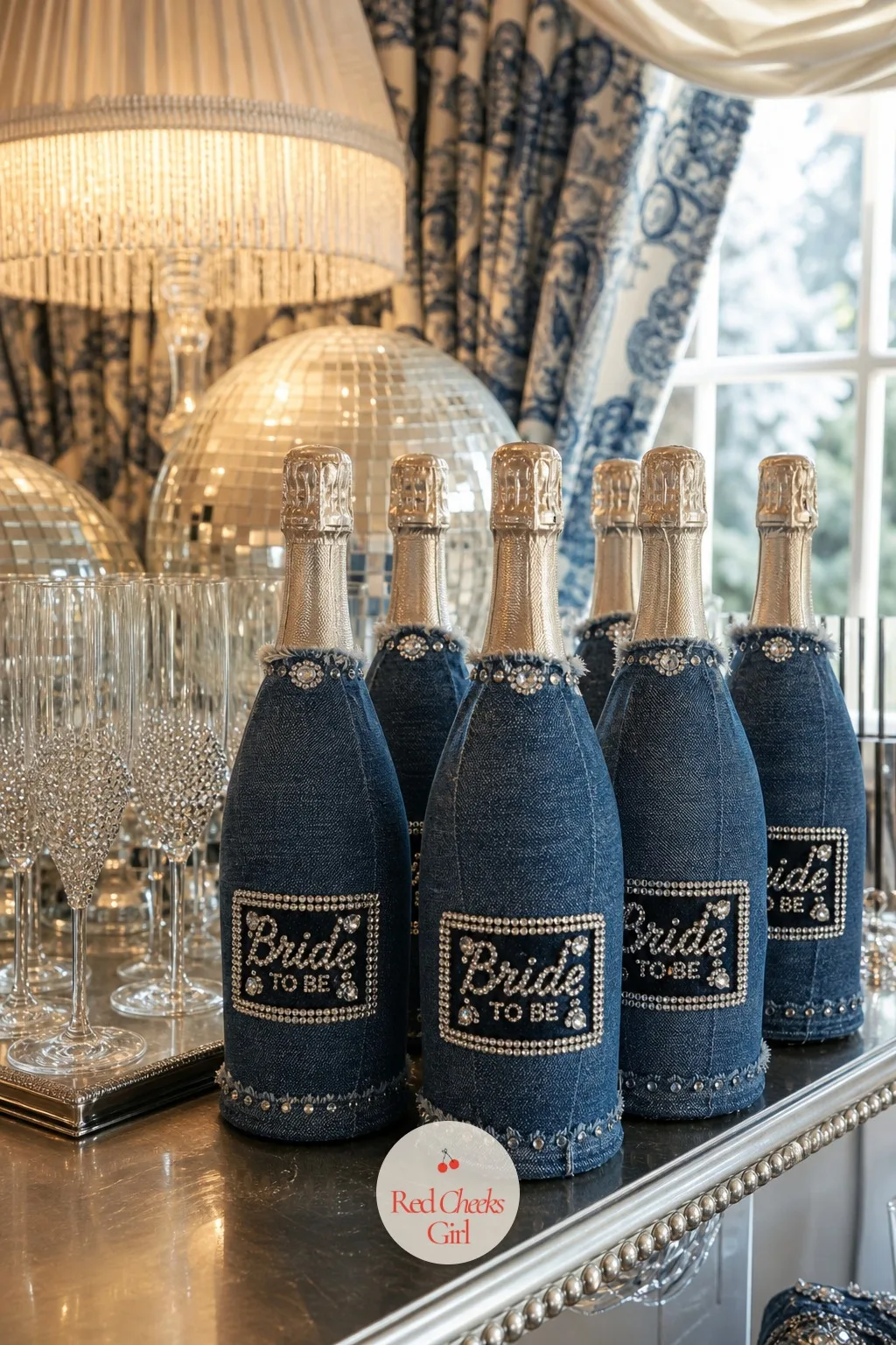 Denim Wrapped Champagne Bottles — A bottle on the table in its own cardboard box looks like an afterthought, so wrap it instead. Denim and diamonds